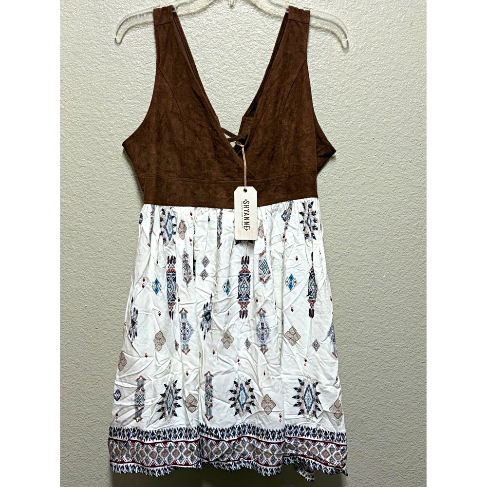 Shyanne Women's M Woven Geometric V-Neck Lace-Up Sleeveless Lined Dress
